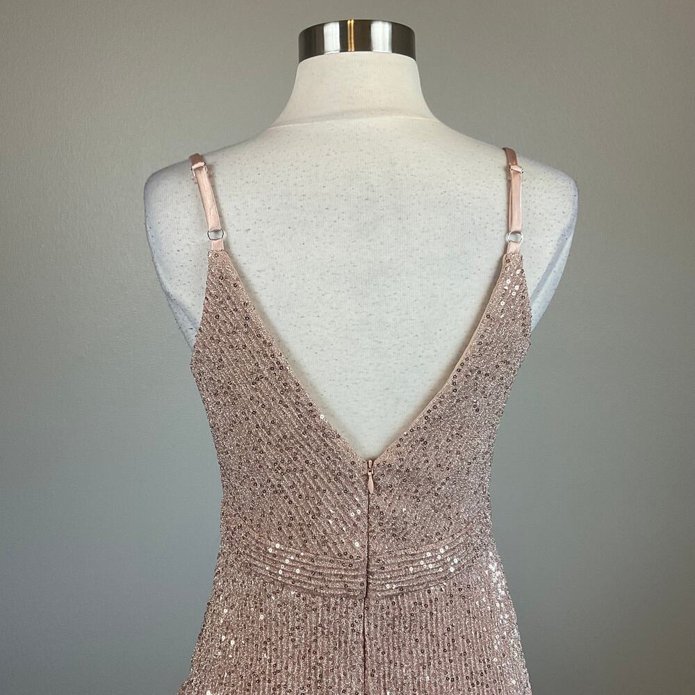 AQUA Rose Gold Pink Evening Gown Sequined Tiered Ruffle A-Line Dress Size 4 - Picture 7 of 11